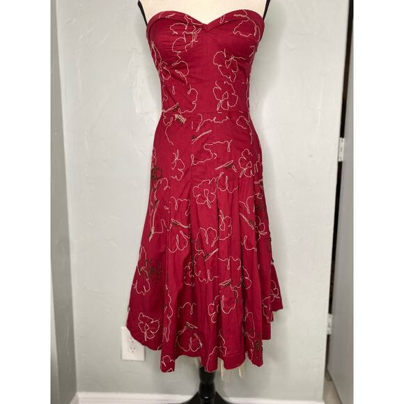 Tibi Embroidered Beaded Red Dress Size 8 - Picture 1 of 13